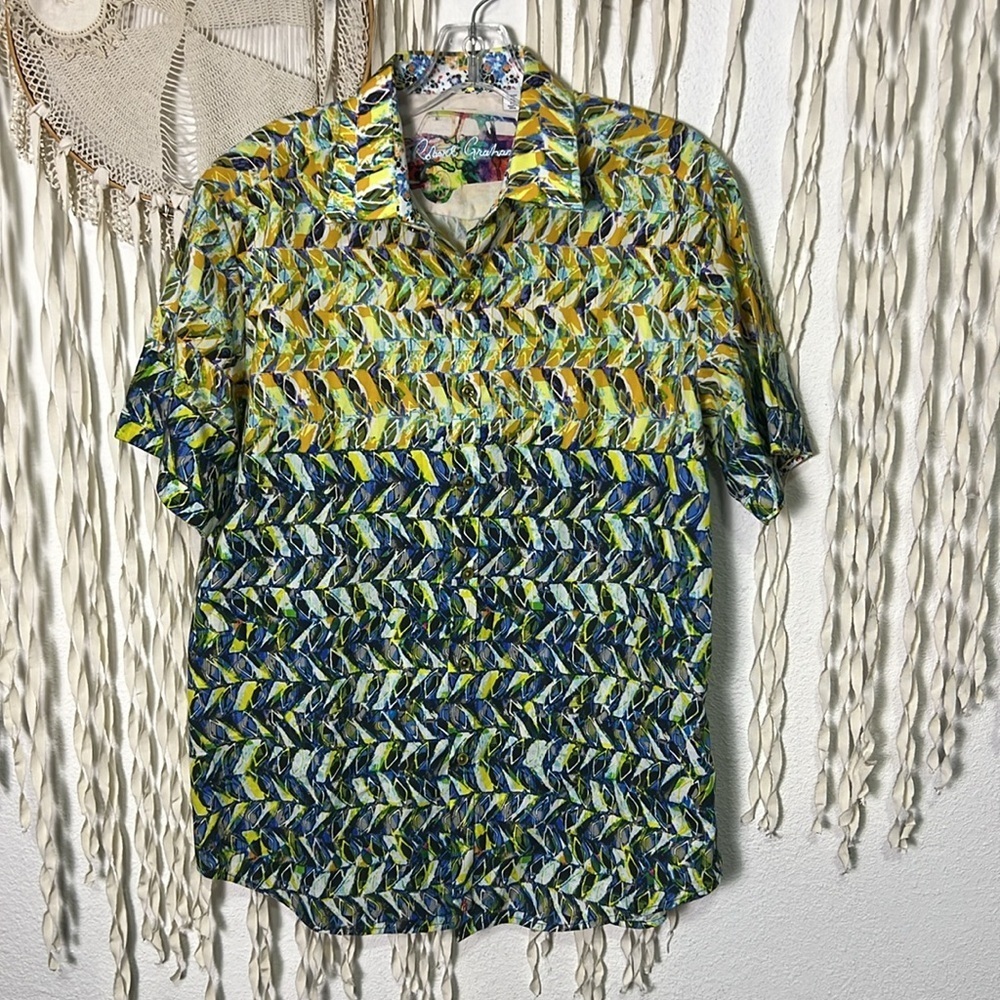 Robert Graham Short Sleeve Button Down in Yellow and Blue Multi Size M